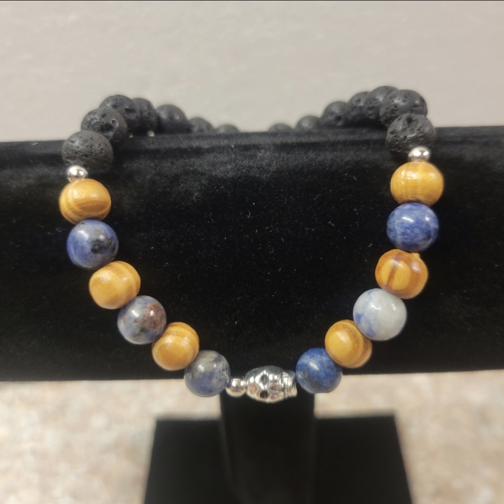 Handcrafted Men's Lava, Blue, and Wooden Beaded Stretch Bracelet w/ Skeleton